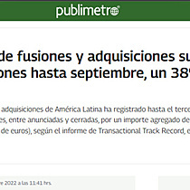 El mercado de fusiones y adquisiciones suma ms de 75.000 millones hasta septiembre, un 38% menos, segn TTR